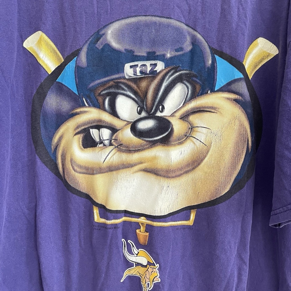 VTG 90s Minnesota Vikings Warner Bros Taz Tasmanian Devil BASEBALL T-Shirt L - Picture 2 of 6